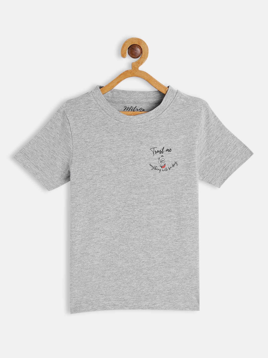 

METRO KIDS COMPANY Boys Grey Melange Solid T-shirt with Printed Detail