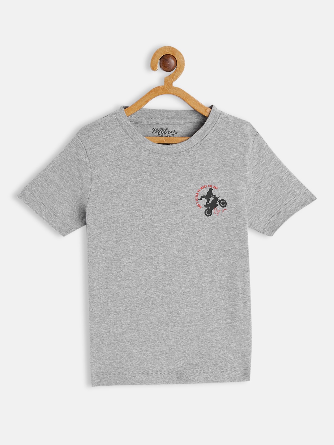 

METRO KIDS COMPANY Boys Grey Melange Solid T-shirt with Printed Detail