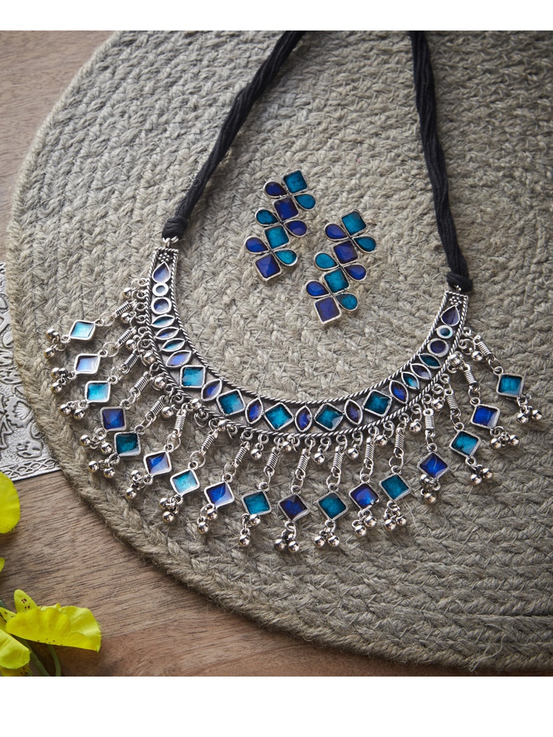 

ATIBELLE Silver-Plated Blue Stone-Studded Ghungroo Jewellery Set