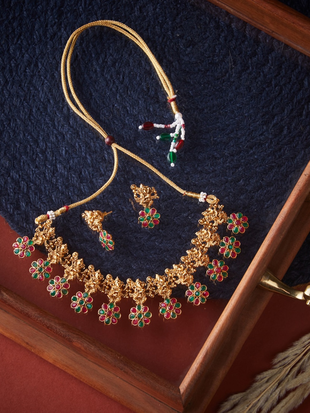 

ATIBELLE Woman Gold-Plated Maroon & Green Stone Studded Jewellery Set