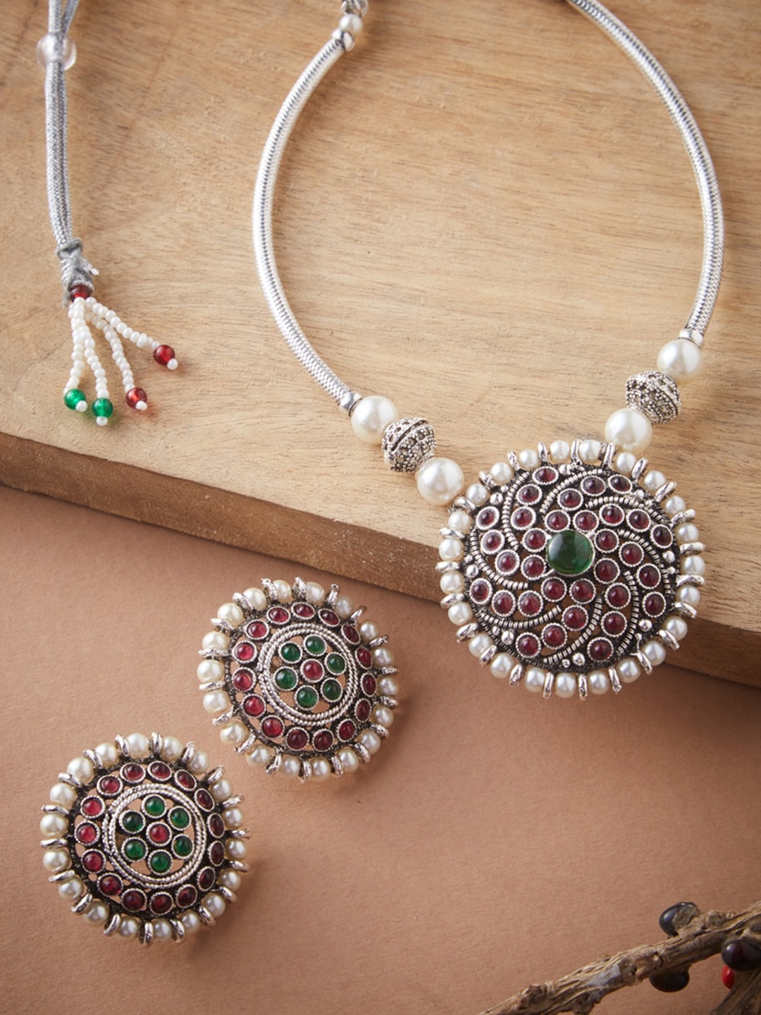 

ATIBELLE Silver-Plated Oxidized Stone-Studded Jewellery Set