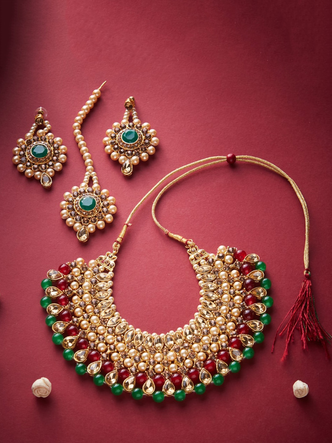 

ATIBELLE Gold-Plated Maroon & Green Kundan-Studded & Beaded Jewellery Set