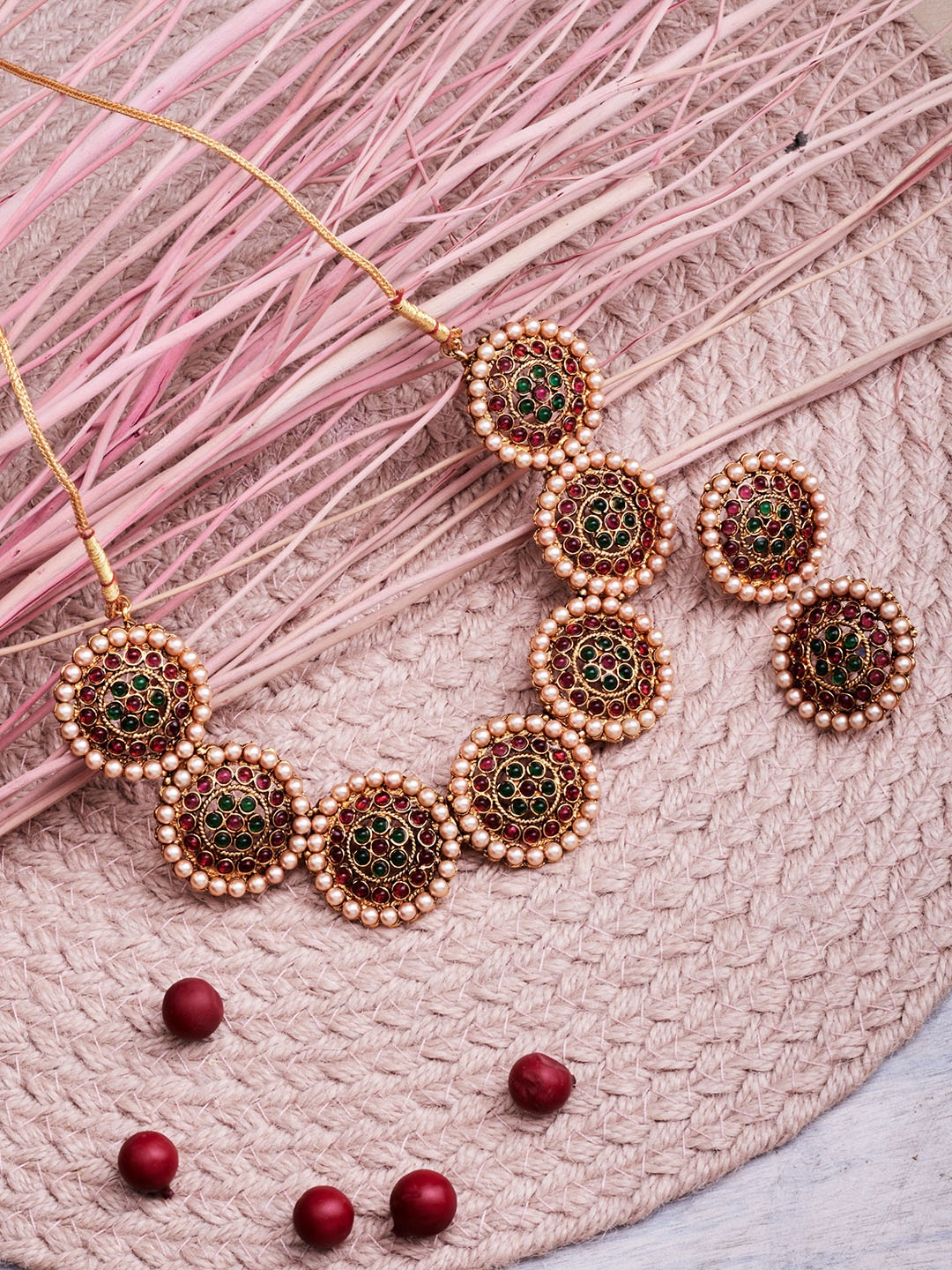 

ATIBELLE Gold-Plated Maroon Kundan Stone-Studded Jewelley Set