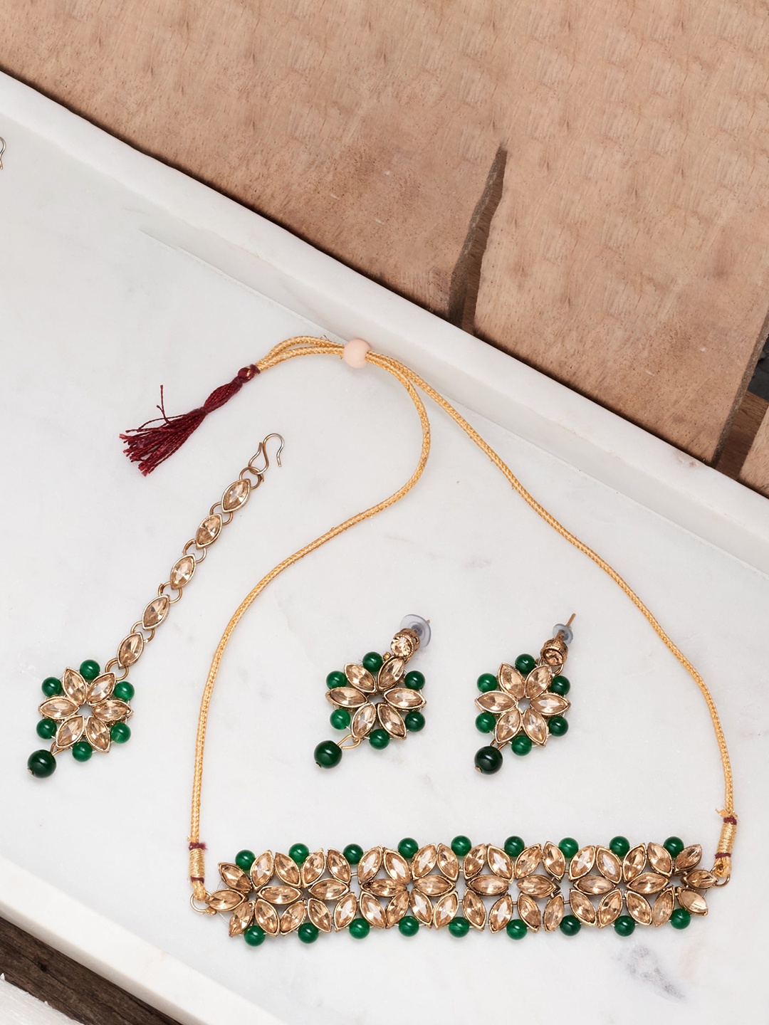 

ATIBELLE Gold-Plated & Green Studded Jewellery Set