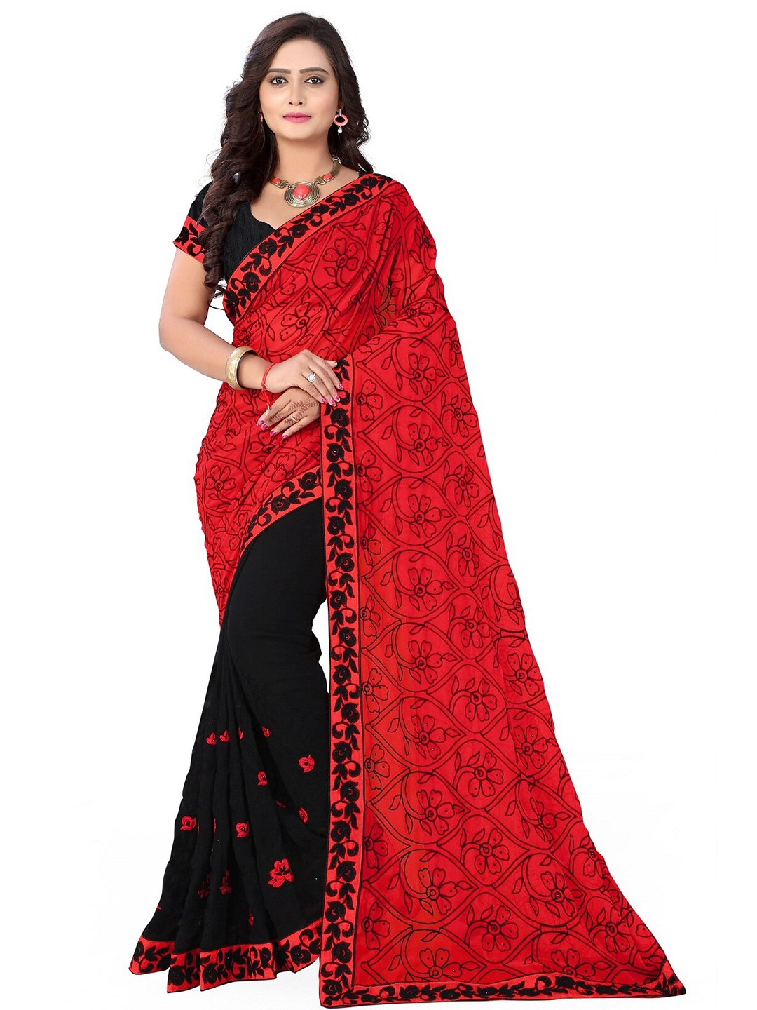 

KALINI Red & Black Floral Embroidered Chanderi Saree