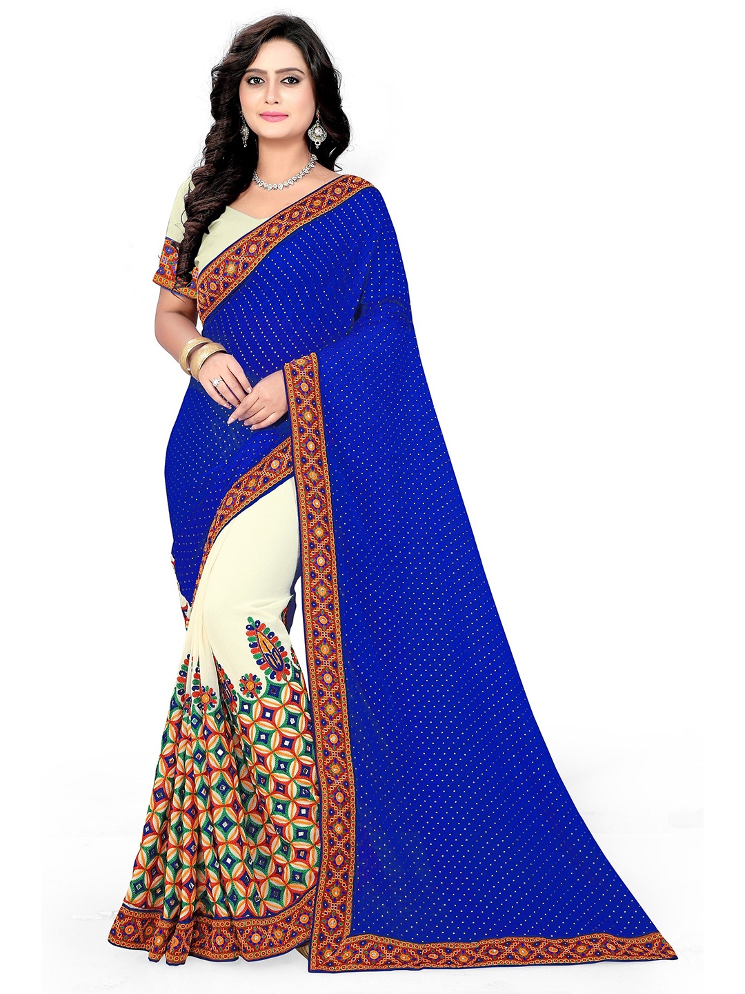 

KALINI Blue & Off White Embellished Mirror Work Pure Georgette Bandhani Saree