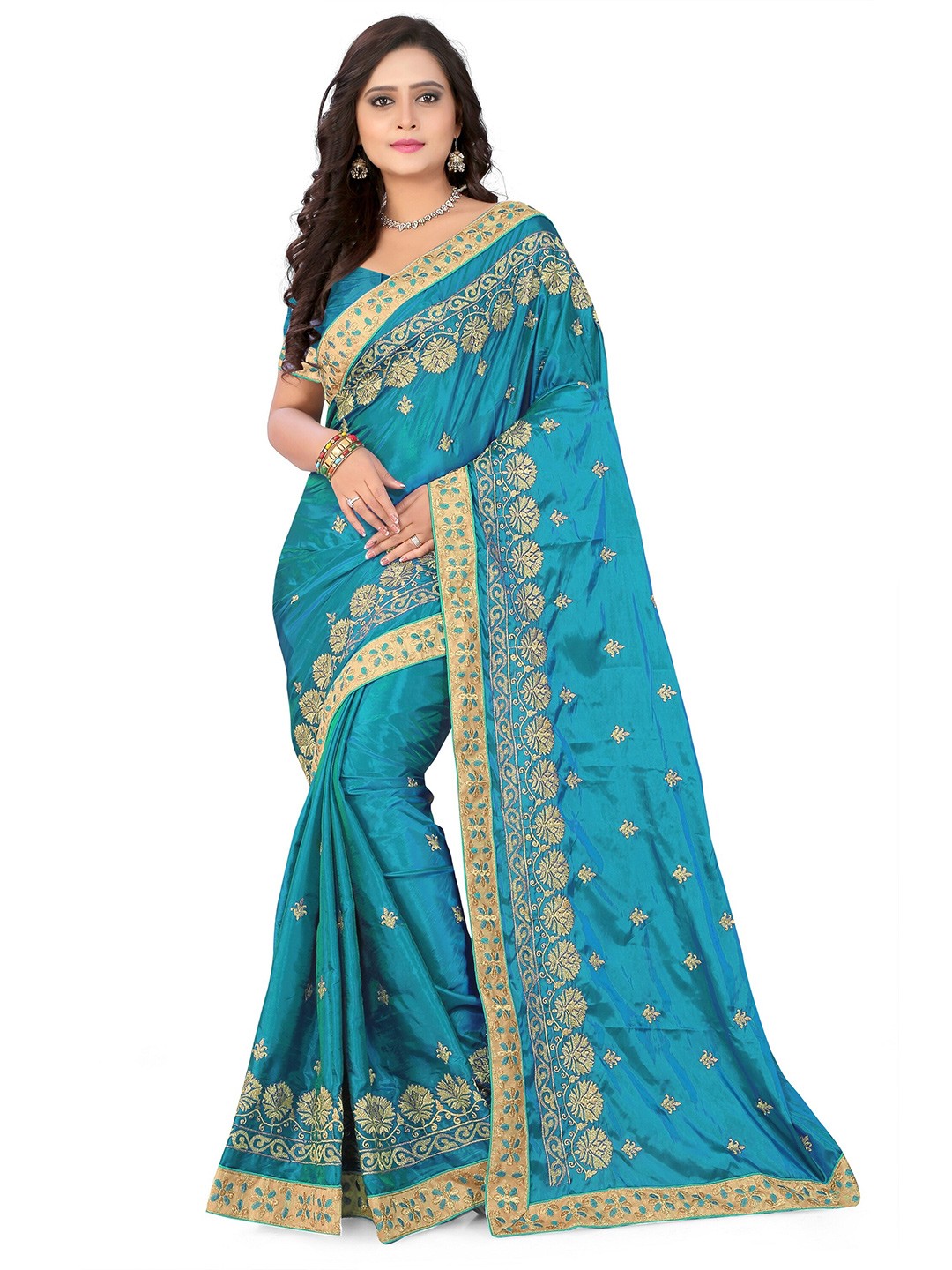 

KALINI Blue & Gold-Toned Ethnic Motifs Embroidered Saree
