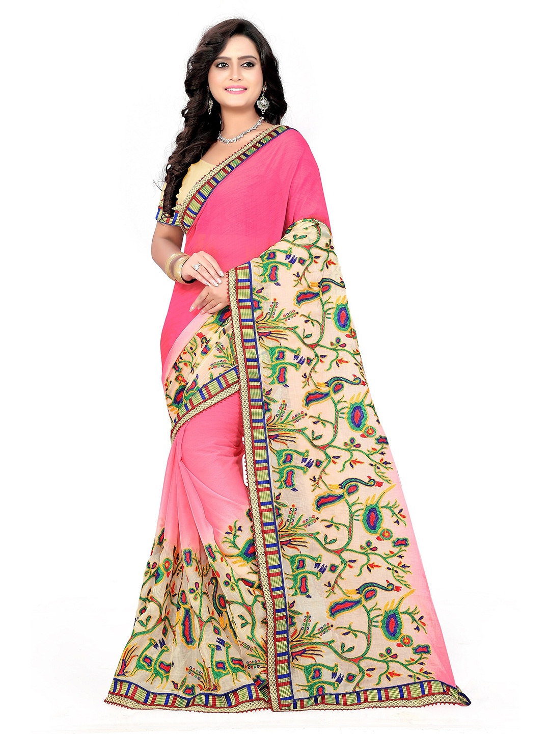 

KALINI Pink & Cream Floral Embroidered Saree