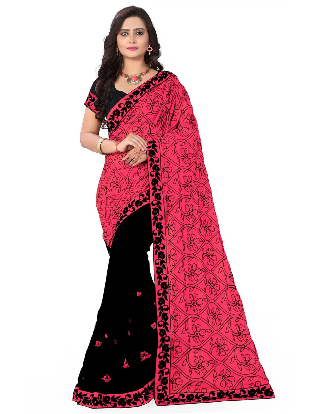 

KALINI Pink & Black Floral Chanderi Georgette Saree