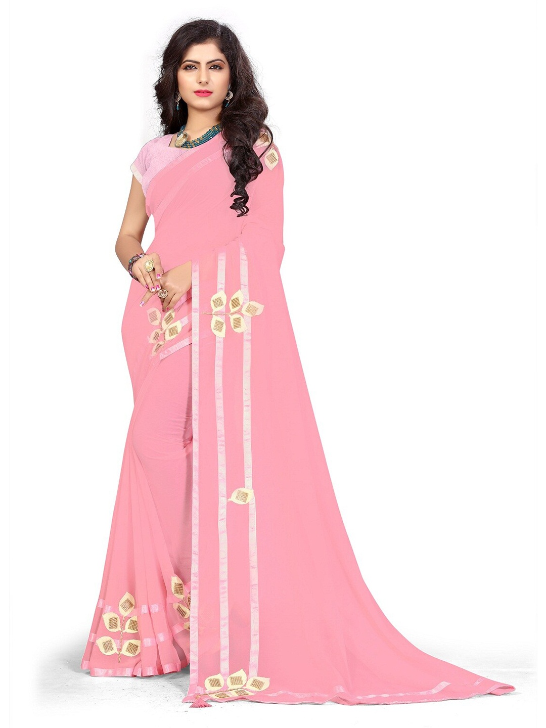 

KALINI Pink & Gold-Toned Embellished Beads and Stones Saree