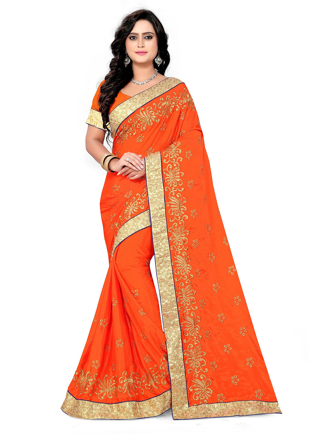 

KALINI Orange & Gold-Toned Floral Embroidered Saree