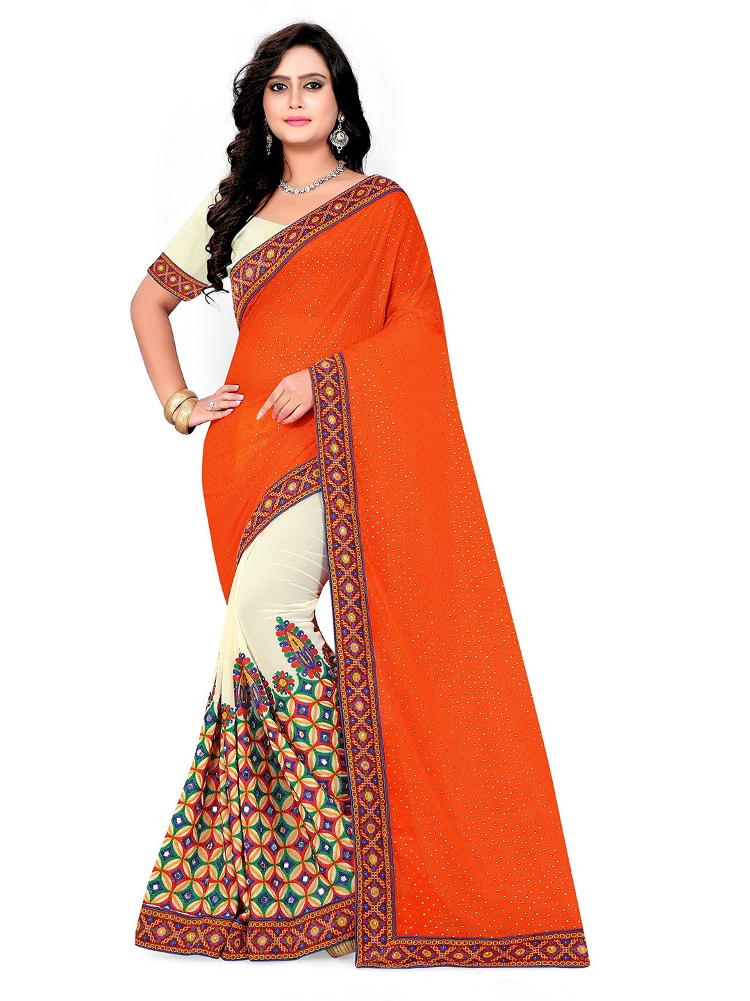 

KALINI Orange & Off White Embellished Pure Georgette Bandhani Saree