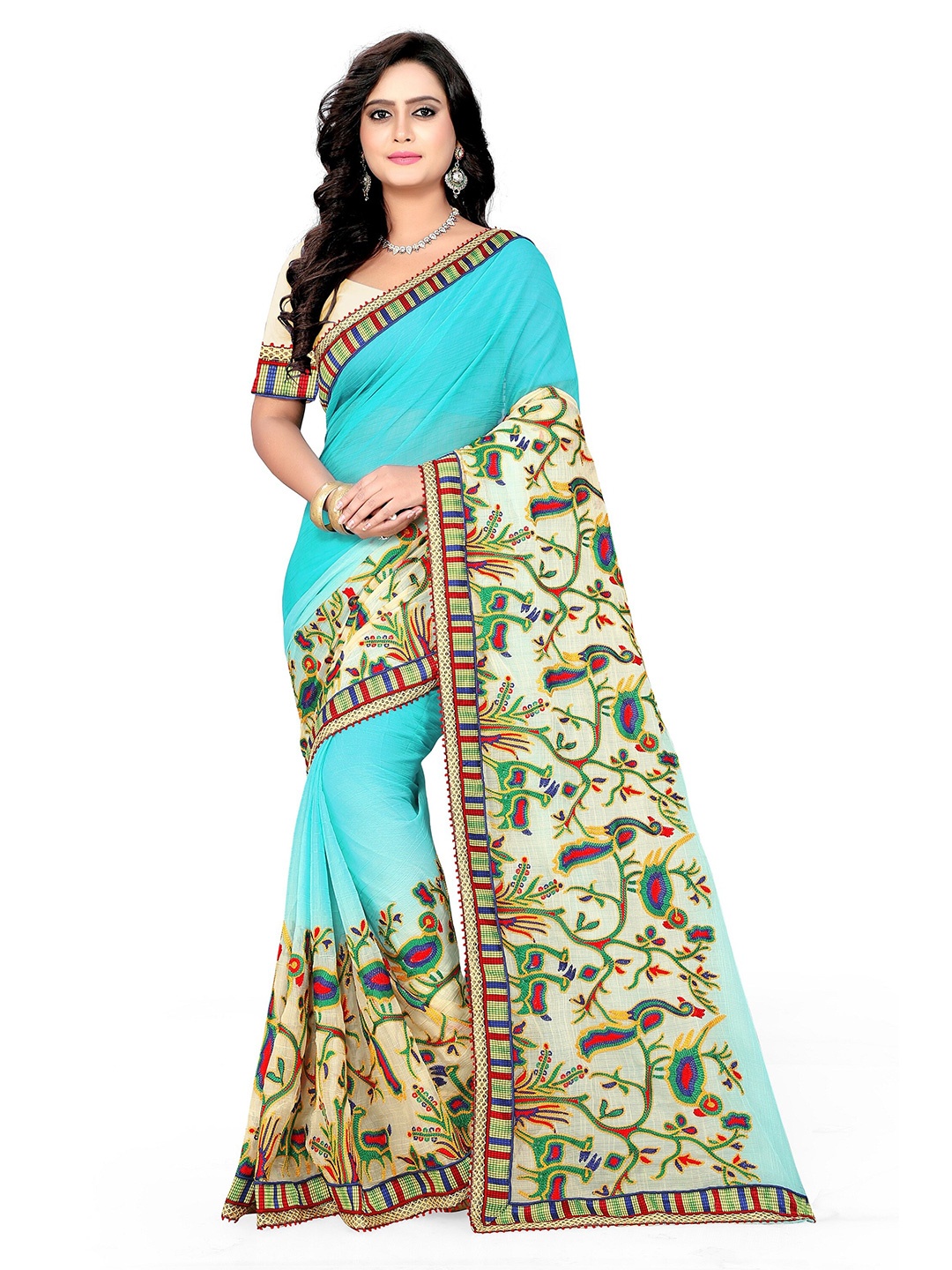 

KALINI Blue & Off White Floral Embroidered Saree