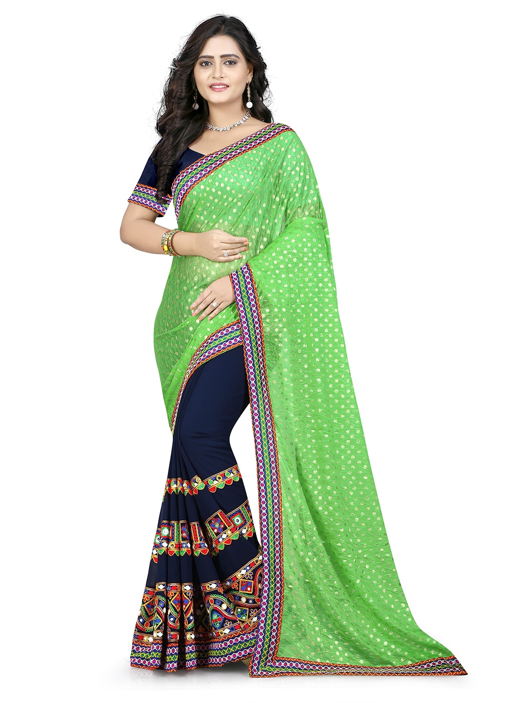 

KALINI Green & Black Ethnic Motifs Embroidered Chanderi Saree