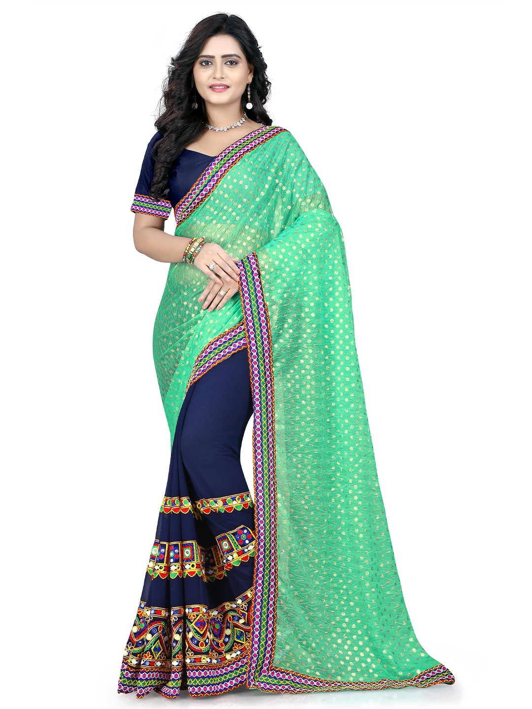 

KALINI Blue & Green Embroidered Embellished Mirror Work Chanderi Saree