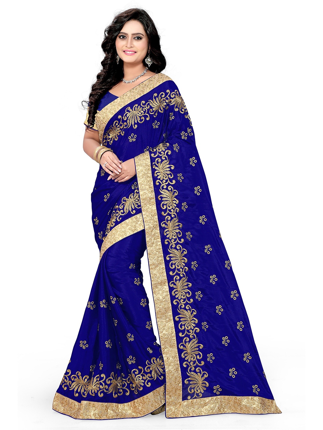 

KALINI Blue & Gold-Toned Floral Embroidered Poly Silk Saree