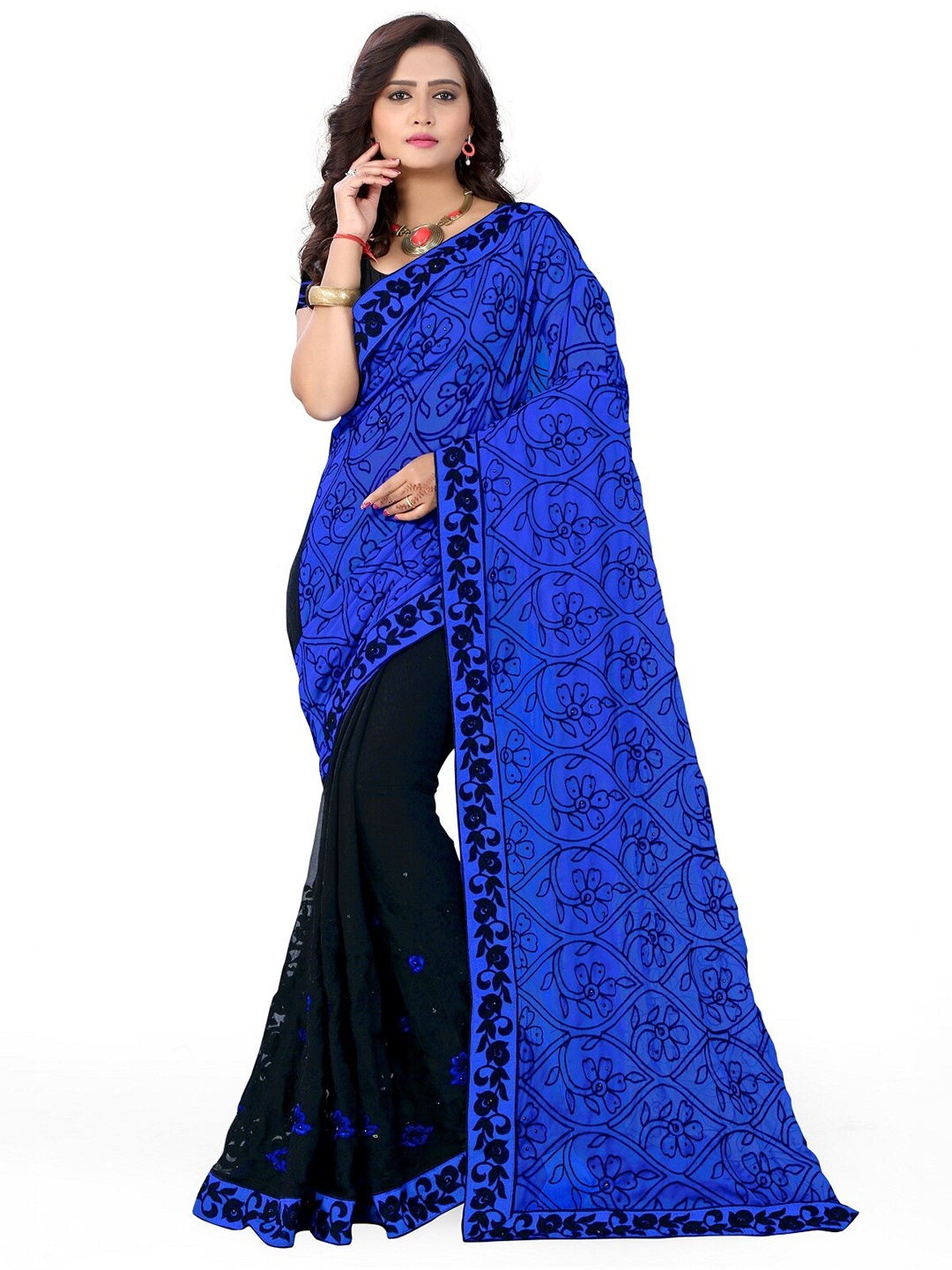 

KALINI Blue & Black Floral Embroidered Saree