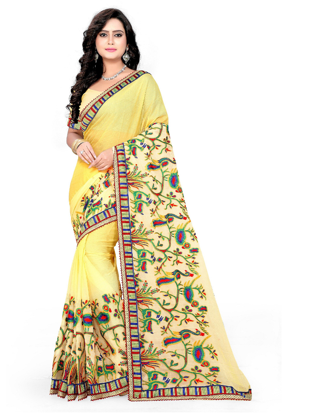 

KALINI Yellow & Green Floral Embroidered Poly Chiffon Saree