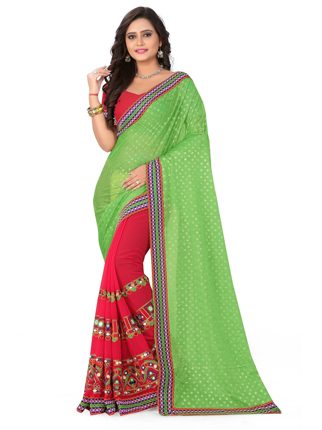 

KALINI Green & Red Ethnic Motifs Mirror Work Half and Half Chanderi Saree