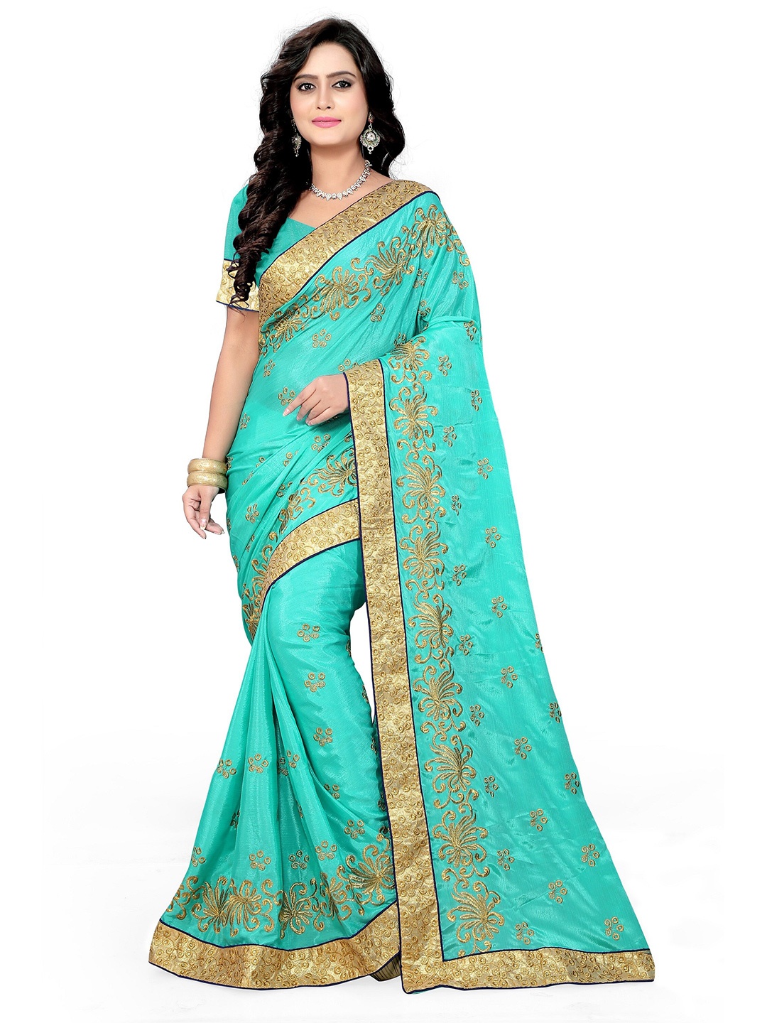 

KALINI Turquoise Blue & Gold-Toned Floral Embroidered Saree