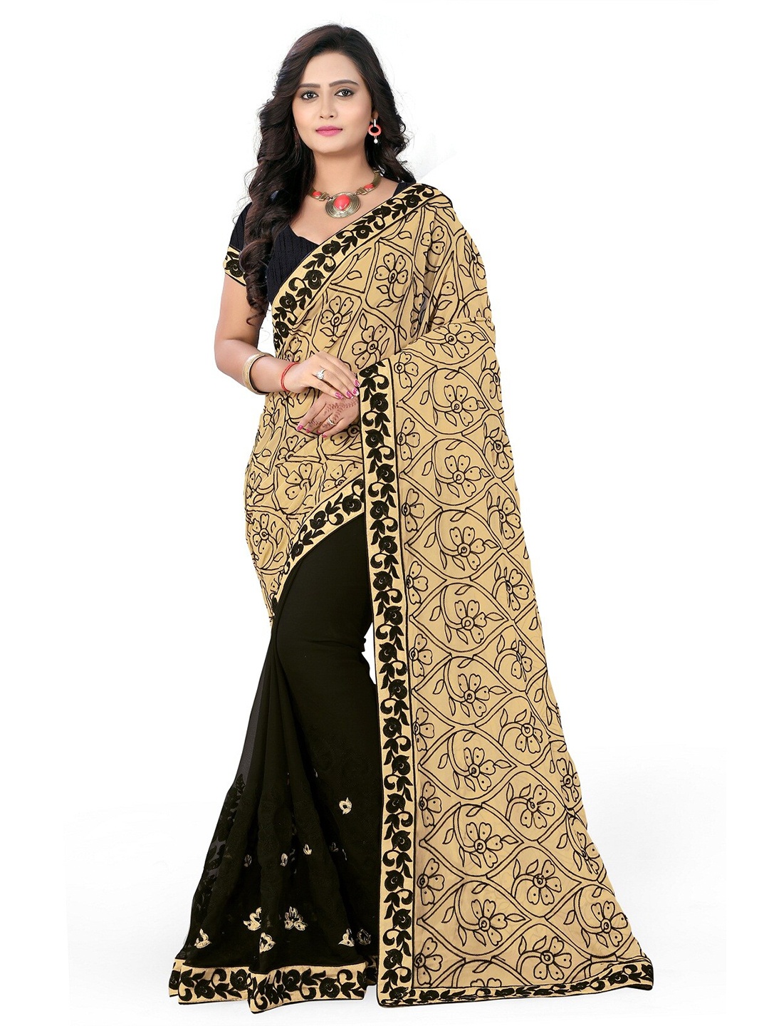 

KALINI Cream-Coloured & Black Floral Embroidered Chanderi Saree