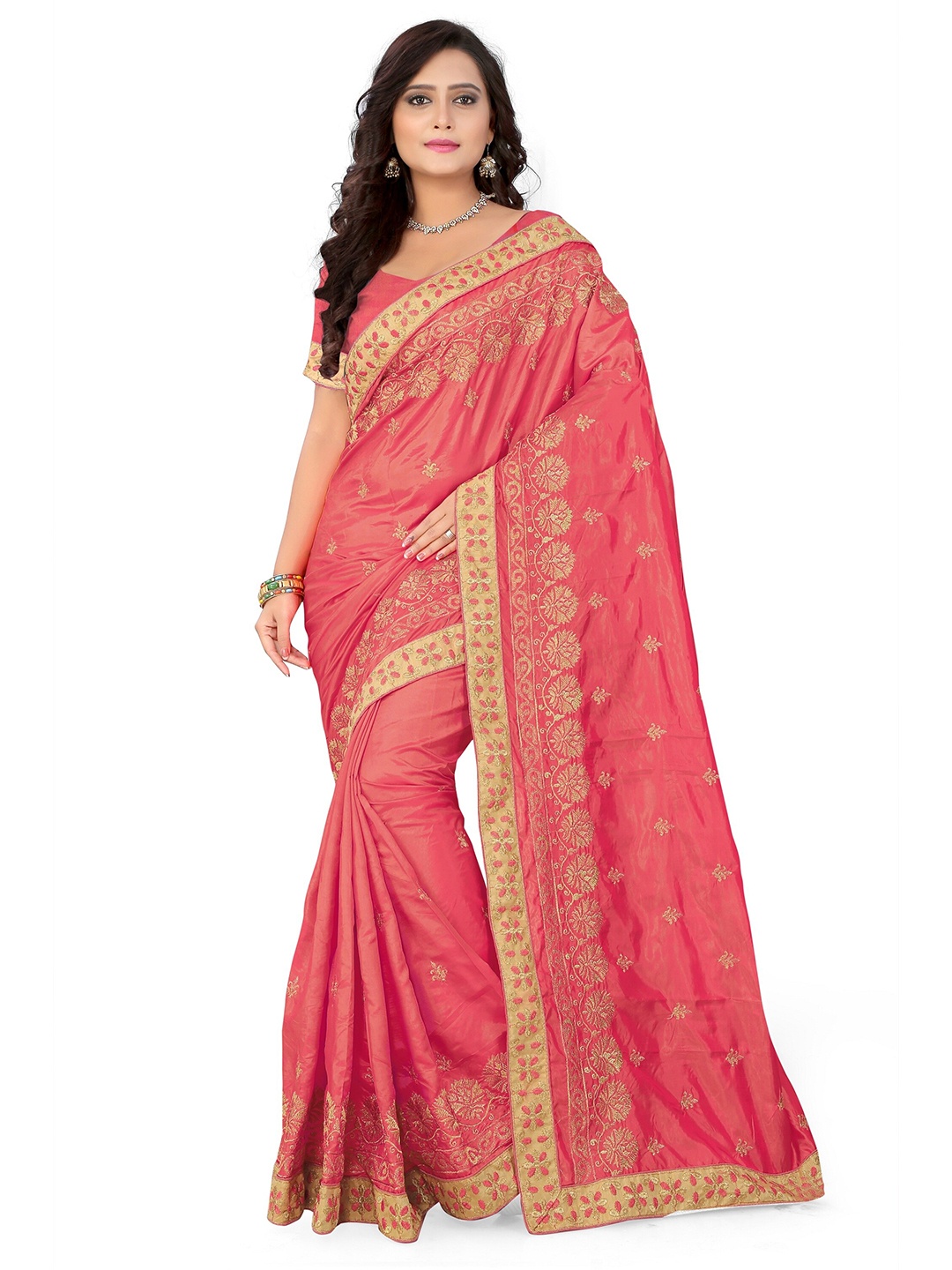 

KALINI Pink & Gold-Toned Embroidered Ethnic Motifs Saree