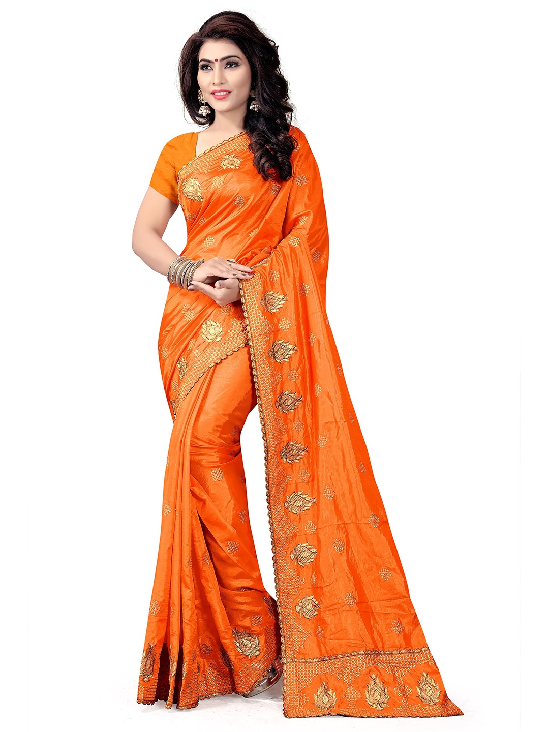 

KALINI Orange & Gold-Toned Ethnic Motifs Poly Silk Saree