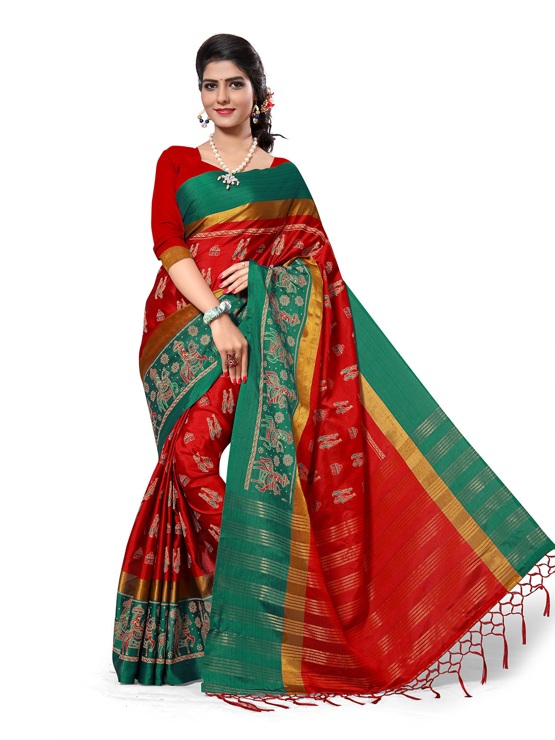 

KALINI Red & Green Woven Design Saree