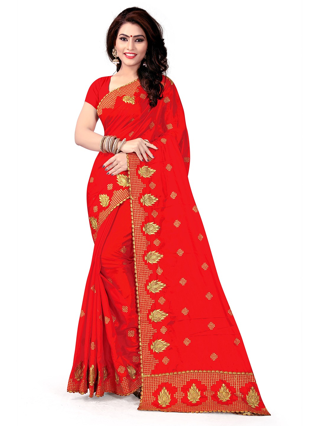 

KALINI Red & Gold-Toned Ethnic Motifs Embroidered Saree