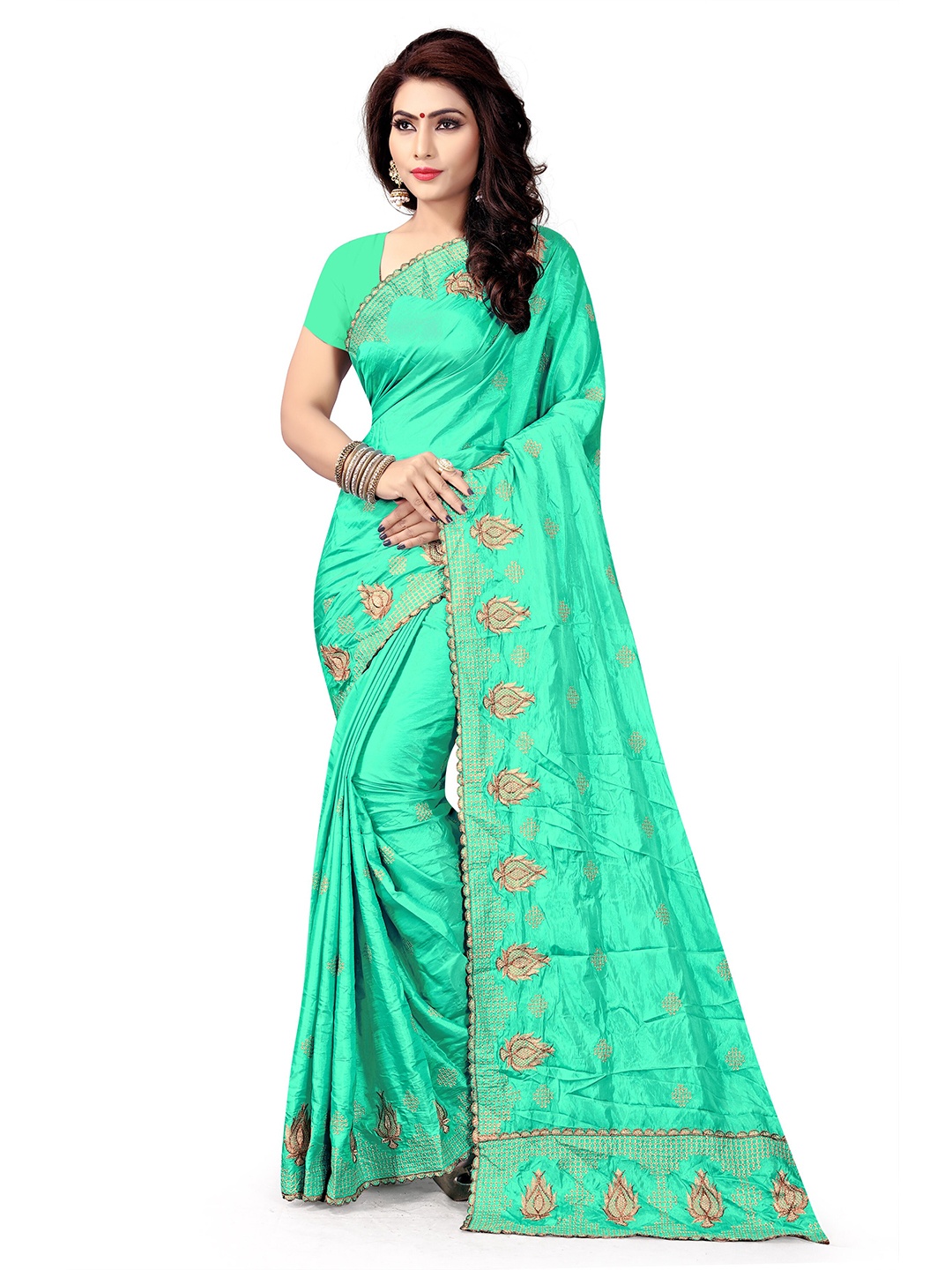 

KALINI Green & Gold-Toned Floral Embroidered Poly Silk Saree