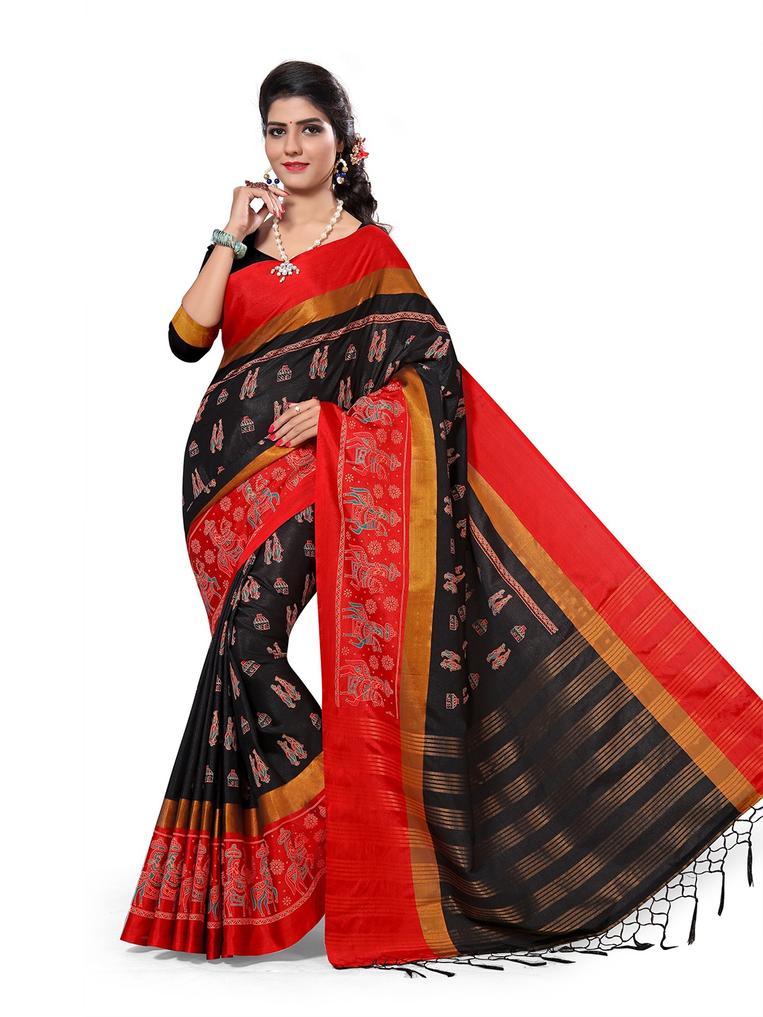 

KALINI Black & Red Woven Design Zari Saree