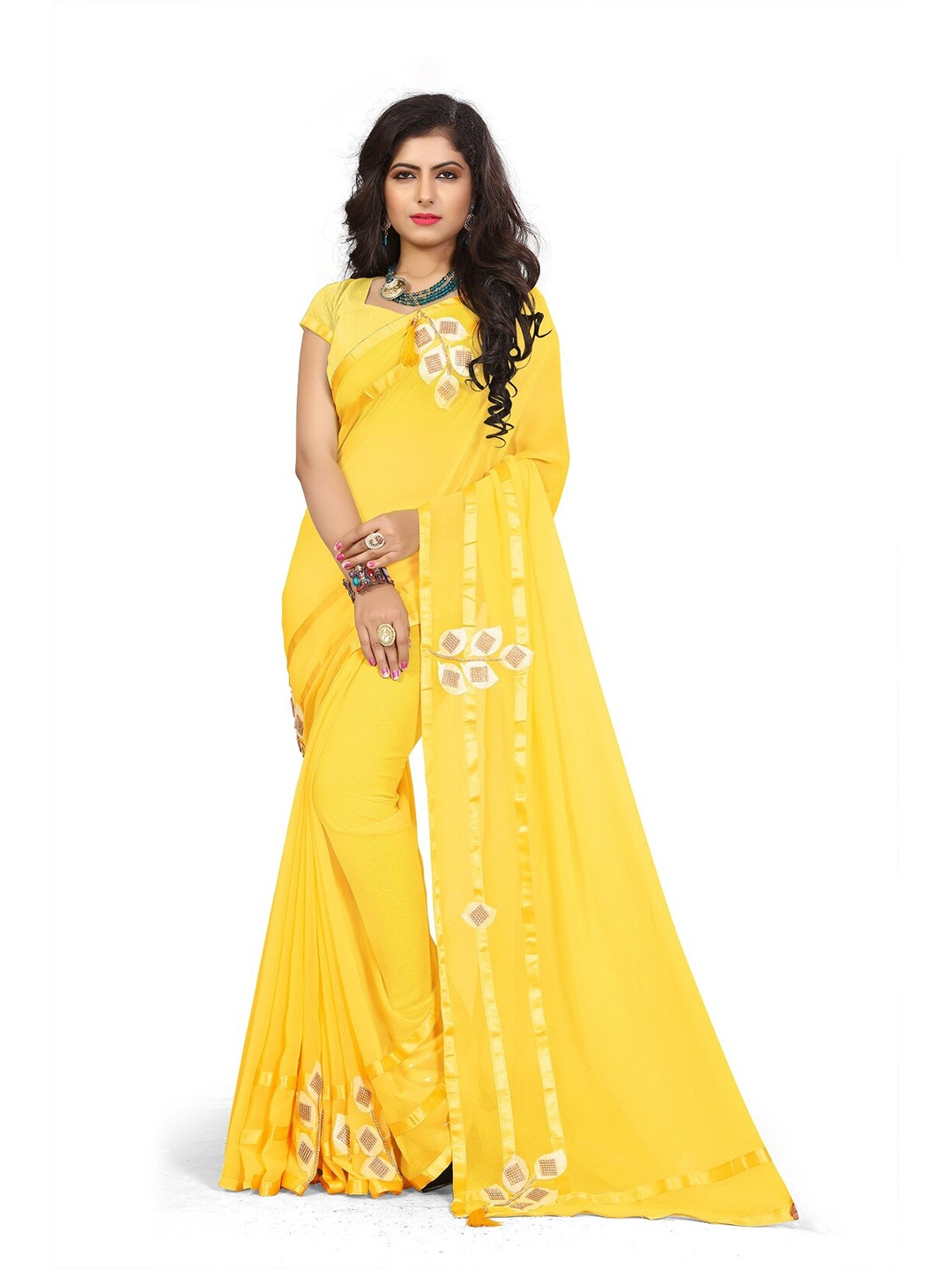 

KALINI Yellow & Gold-Toned Floral Embroidered Saree