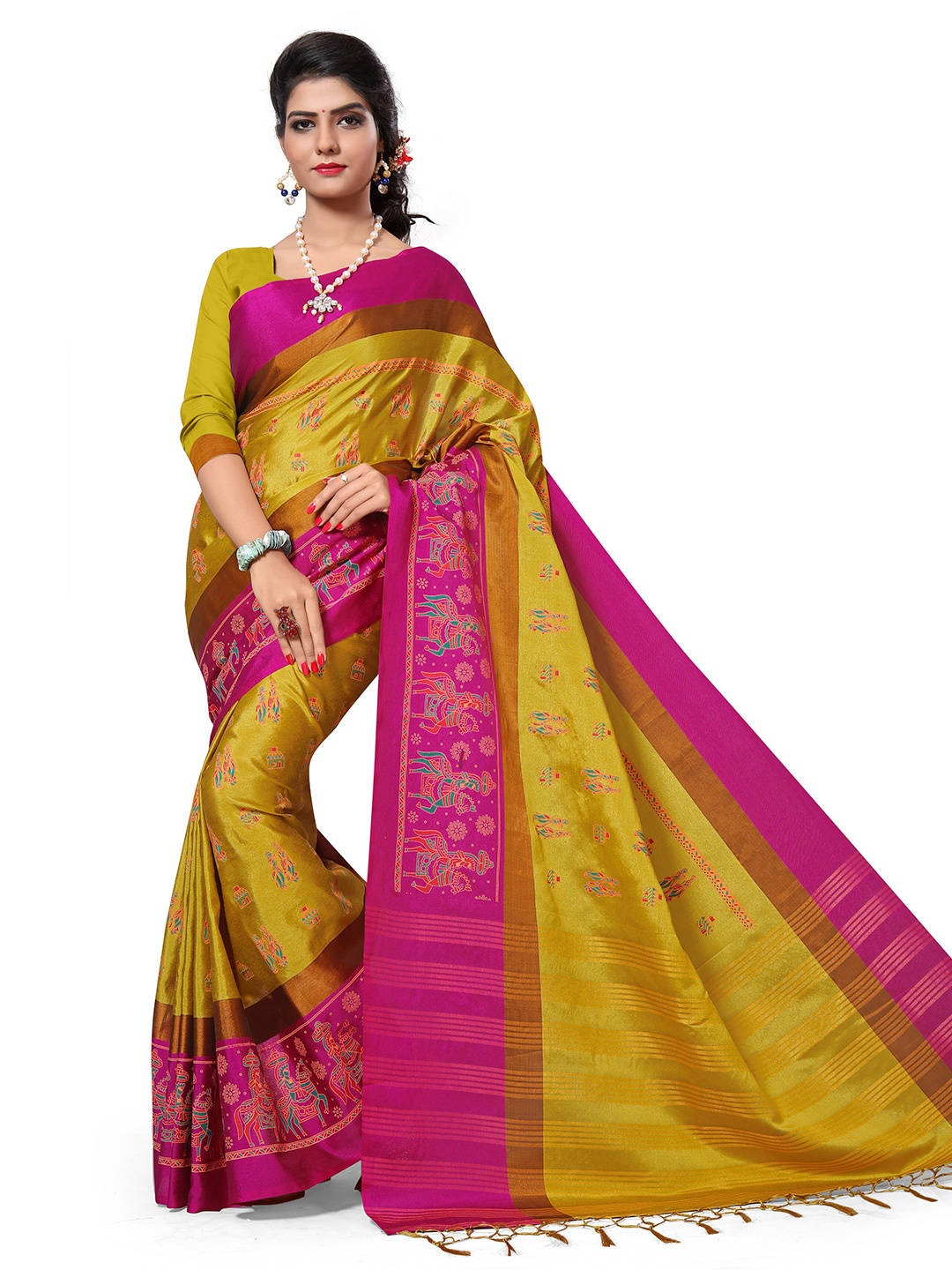 

KALINI Yellow & Purple Ethnic Motifs Printed Cotton Silk Saree