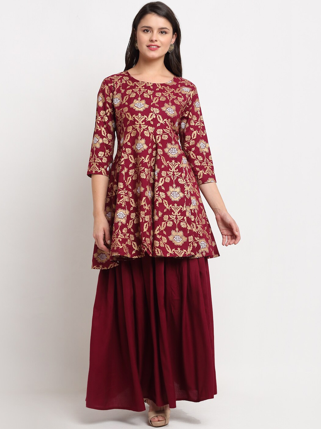 

The Mini NEEDLE Women Maroon Floral Printed Kurti with Skirt