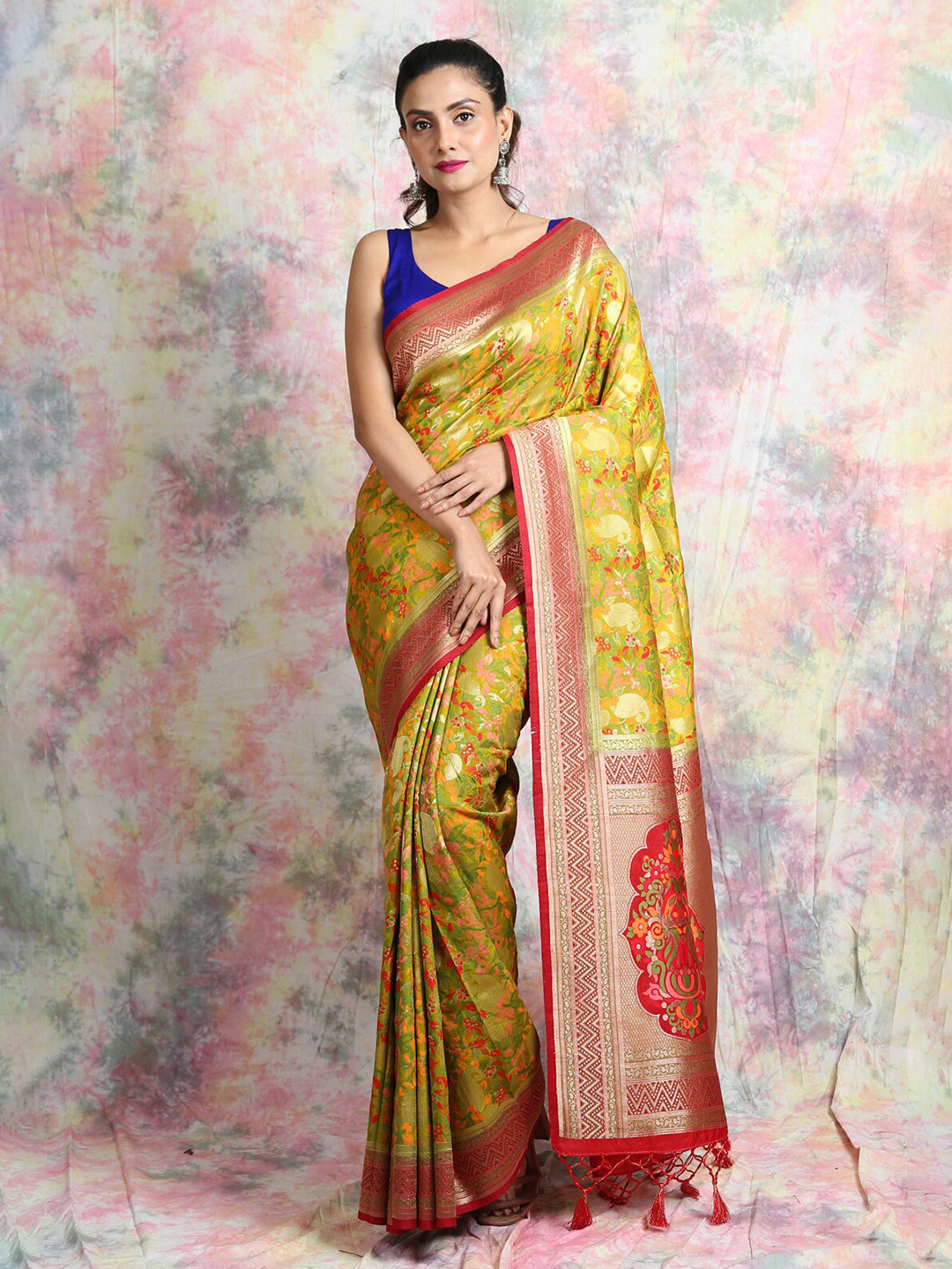

Charukriti Yellow & Red Ethnic Motifs Zari Pure Silk Saree