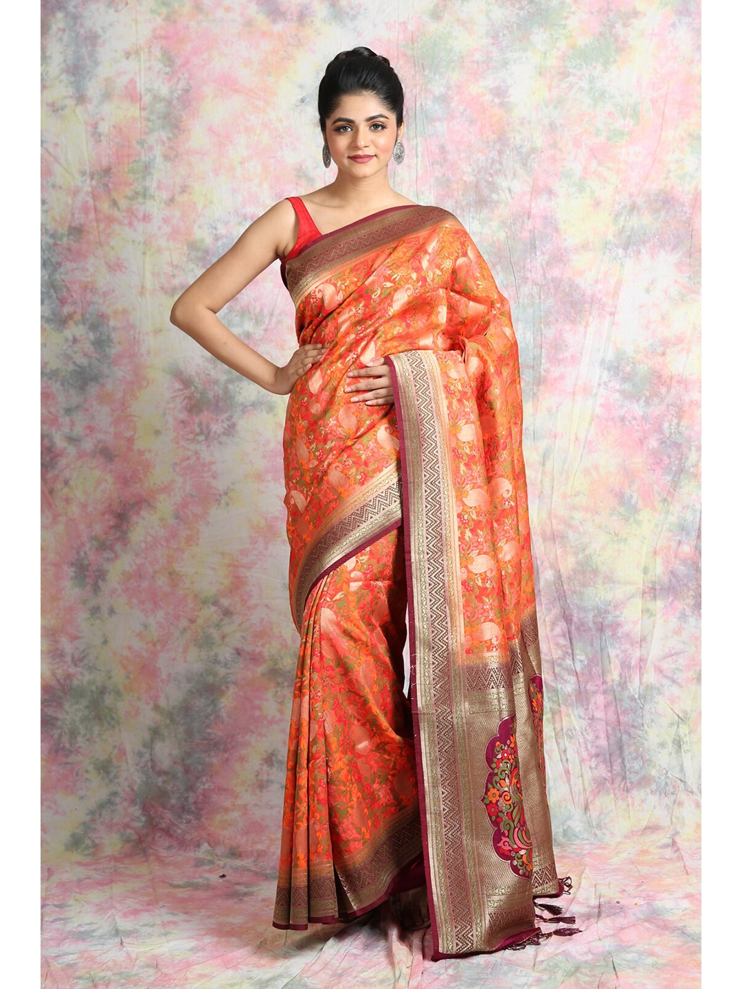 

Charukriti Orange & Maroon Ethnic Motifs Zari Pure Silk Saree