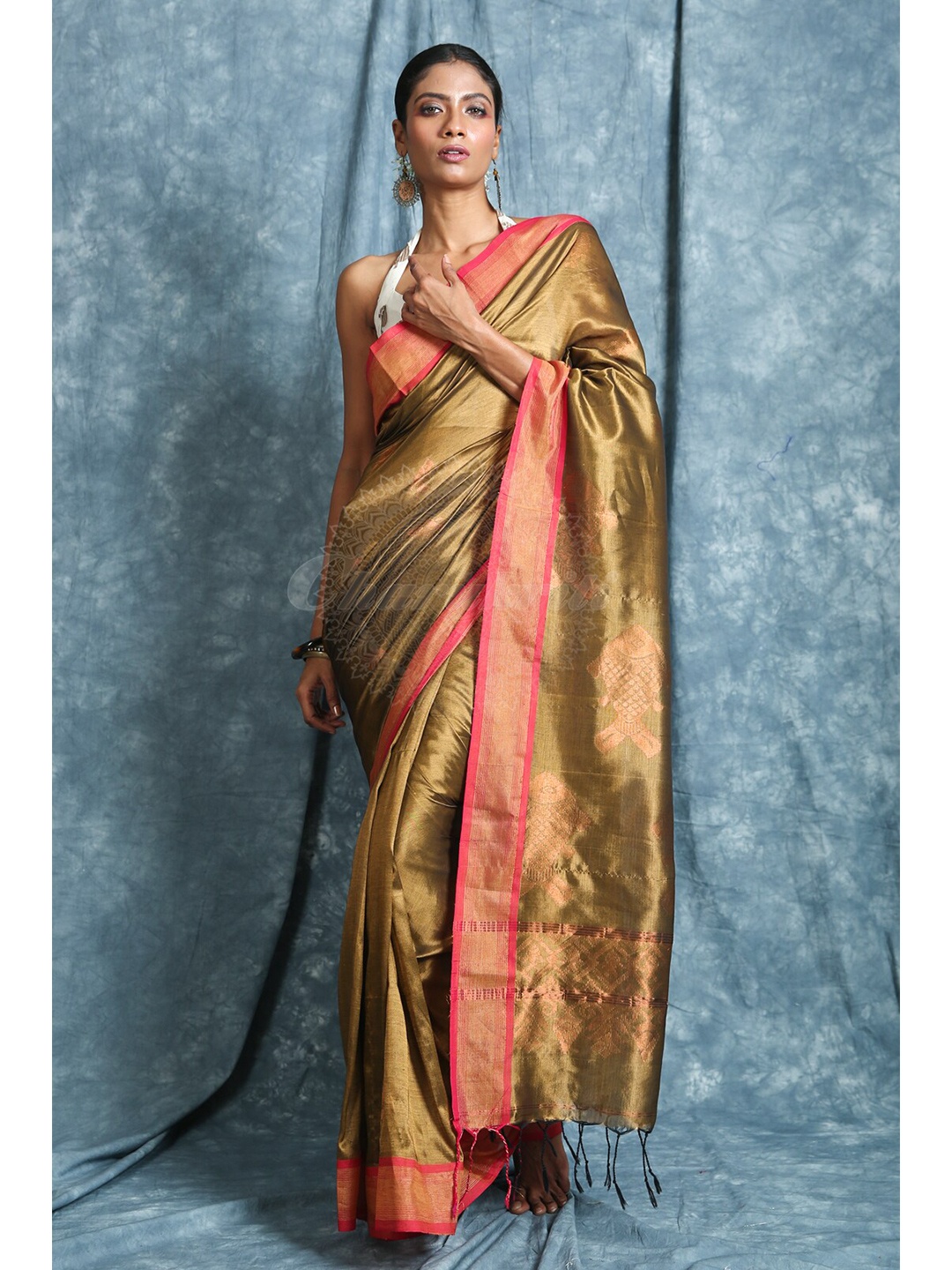 

Charukriti Yellow & Pink Woven Design Pure Silk Saree