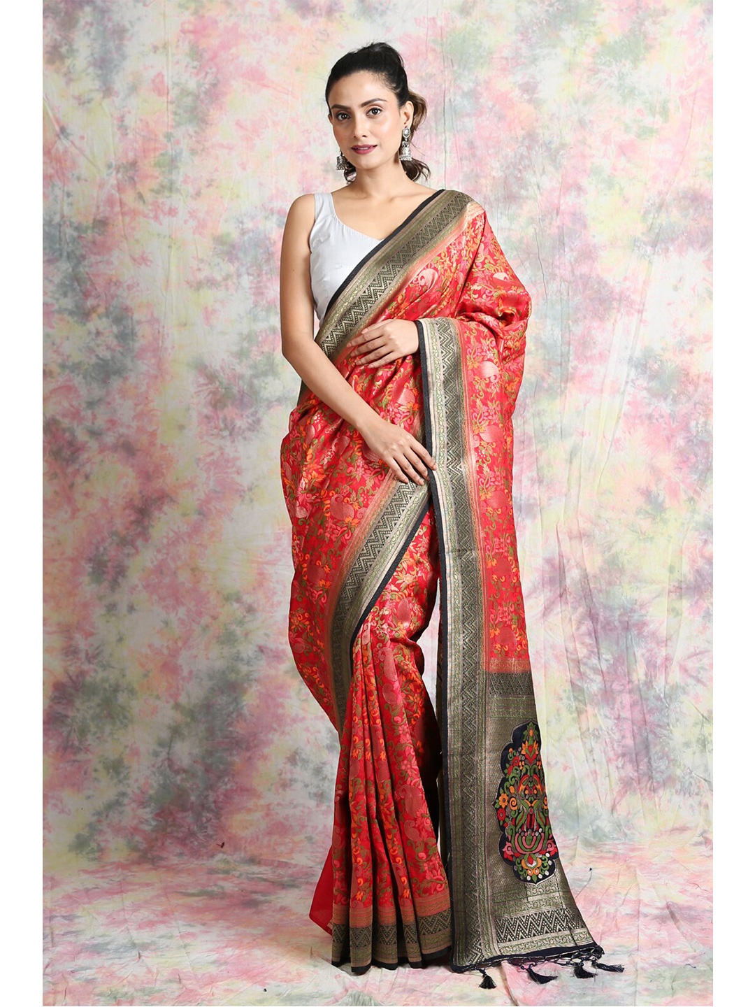 

Charukriti Red & Silver-Toned Woven Design Pashmina Style Pure Silk Saree