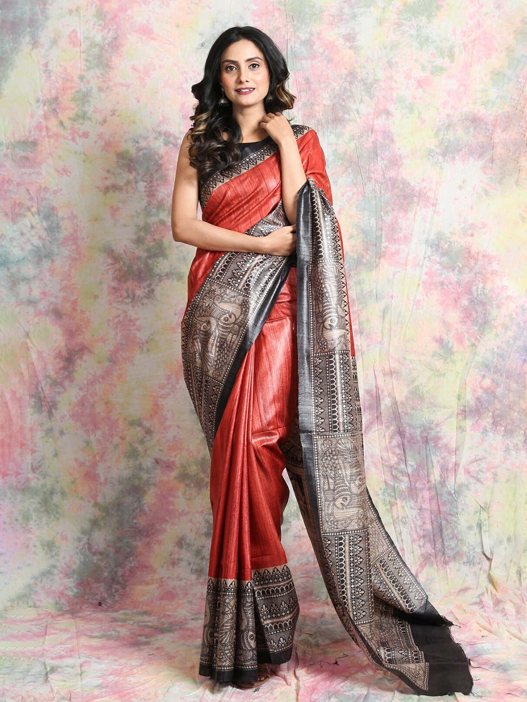 

Charukriti Rust & Silver-Toned Ethnic Motifs Printed Pure Silk Saree