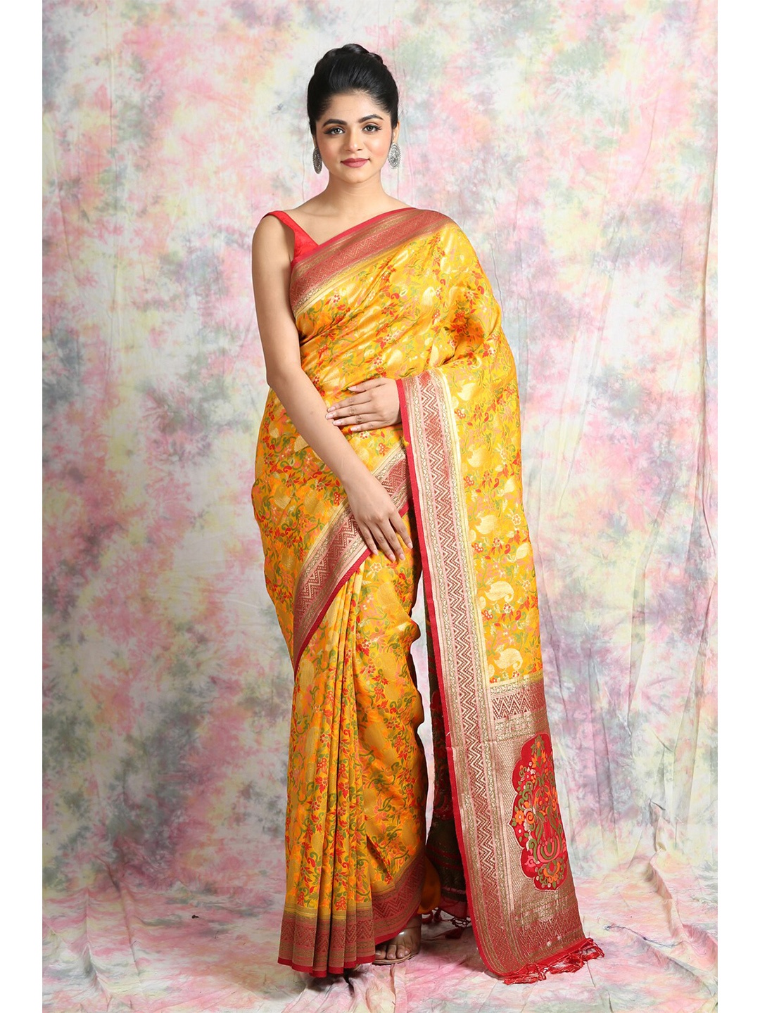 

Charukriti Mustard & Gold-Toned Woven Design Zari Pure Silk Saree