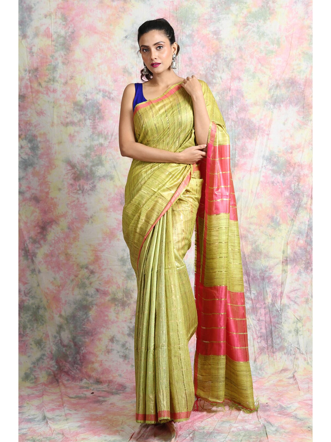 

Charukriti Yellow & Pink Striped Zari Pure Silk Handloom Saree