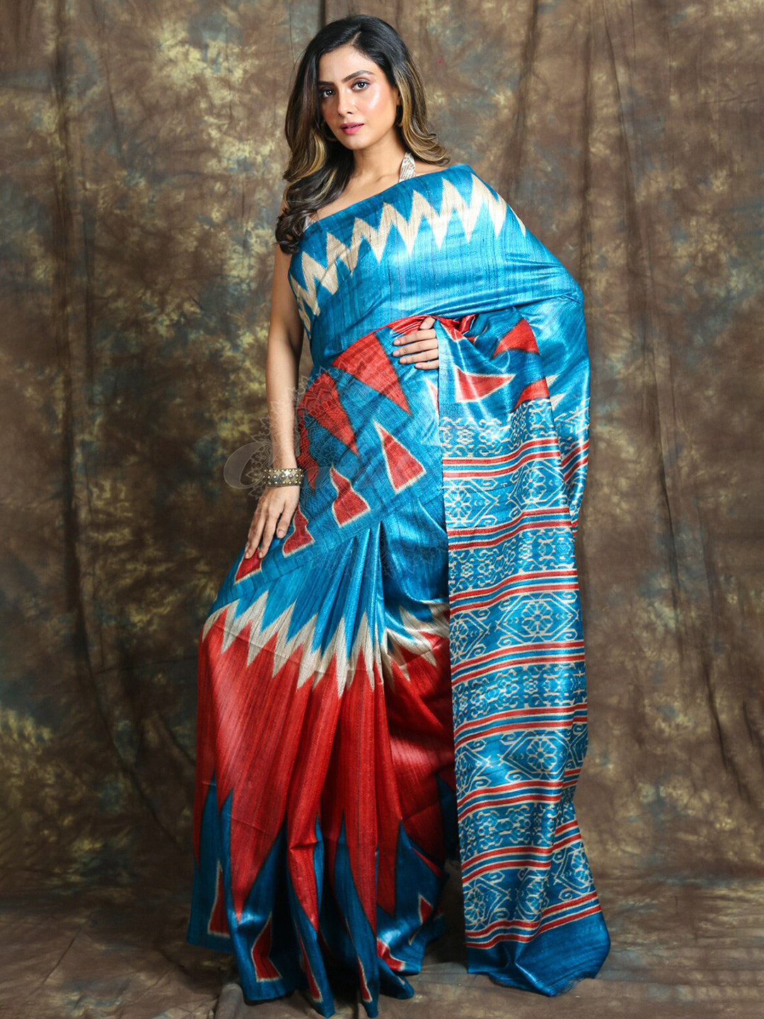 

Charukriti Blue & Red Pure Silk Saree