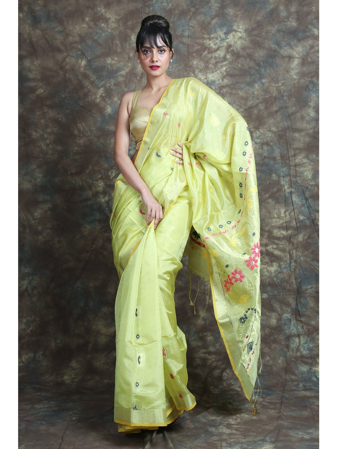 

Charukriti Yellow & Pink Woven Design Tissue Saree