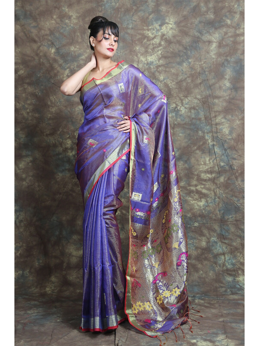 

Charukriti Blue & Gold-Toned Woven Design Zari Tissue Saree