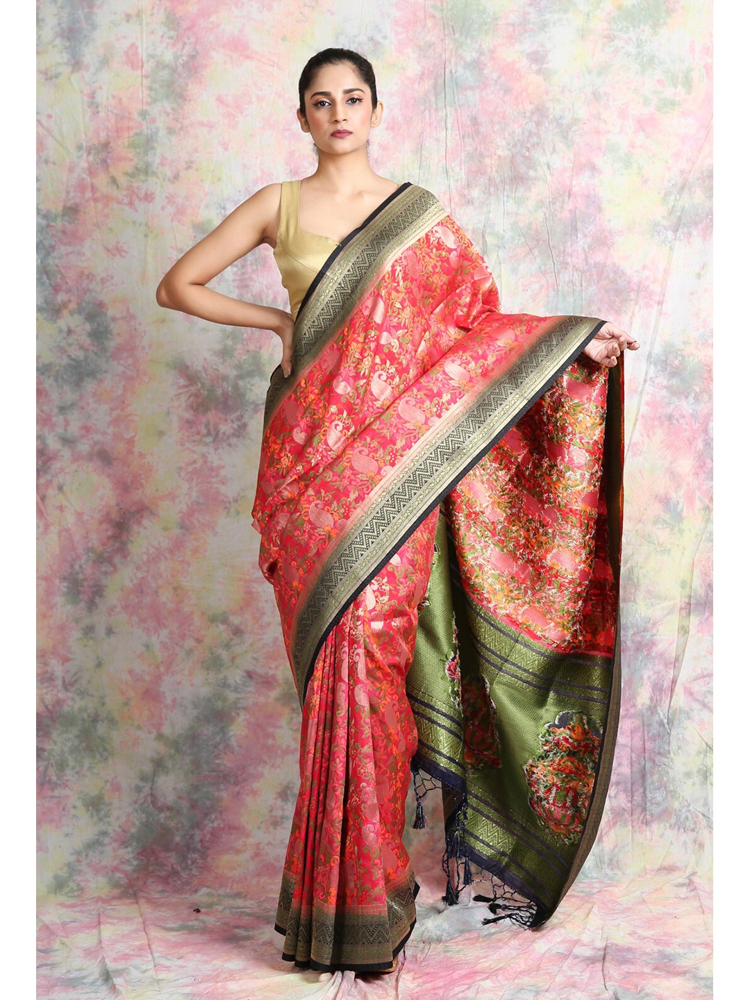 

Charukriti Pink & Black Woven Design Pure Silk Saree