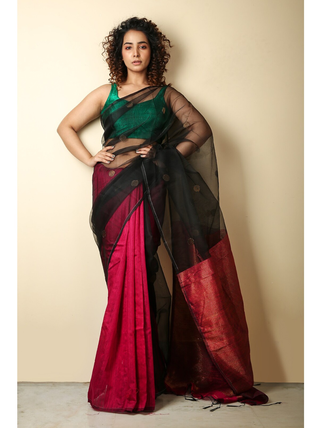 

Charukriti Black & Maroon Woven Design Saree