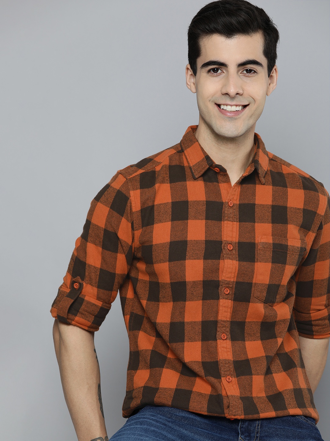 

HERE&NOW Men Orange & Green Slim Fit Checked Casual Pure Cotton Shirt