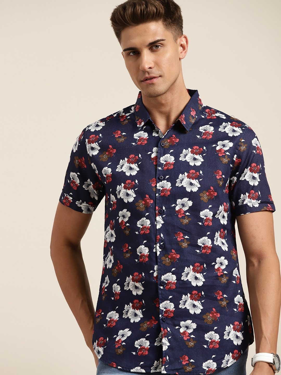 

Moda Rapido Men Navy Blue & White Slim Fit Floral Printed Casual Shirt