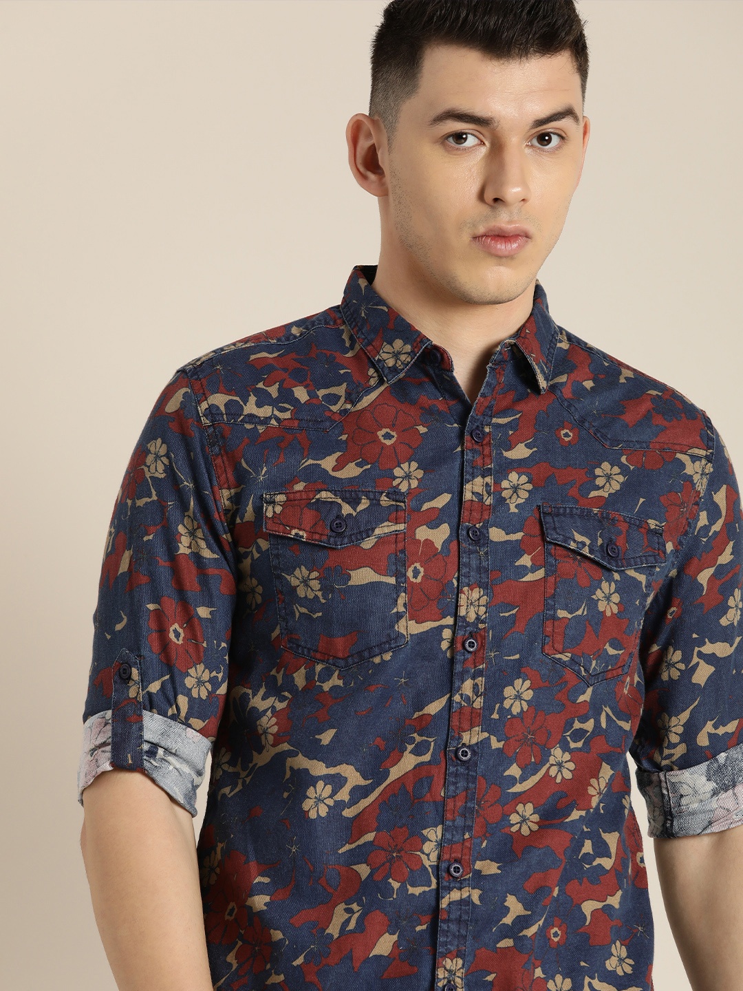 

Moda Rapido Men Navy Blue Floral Printed Pure Cotton Sustainable Casual Shirt