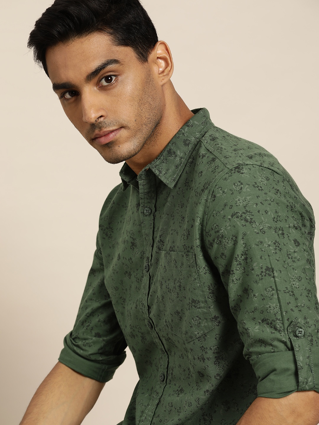 

Moda Rapido Men Olive Green Slim Fit Floral Printed Sustainable Casual Shirt